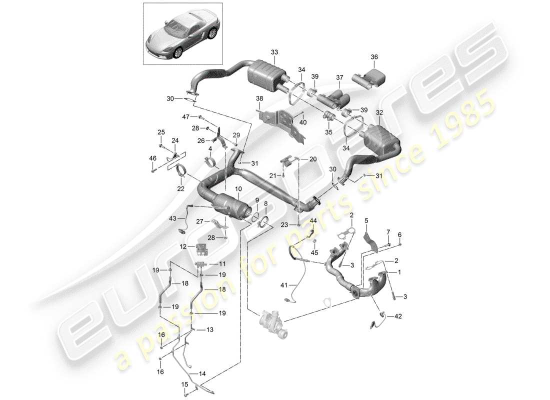porsche 2018 (718 boxster) exhaust system silencer catalytic converter for vehicles with a petrol particulate filter parts diagram