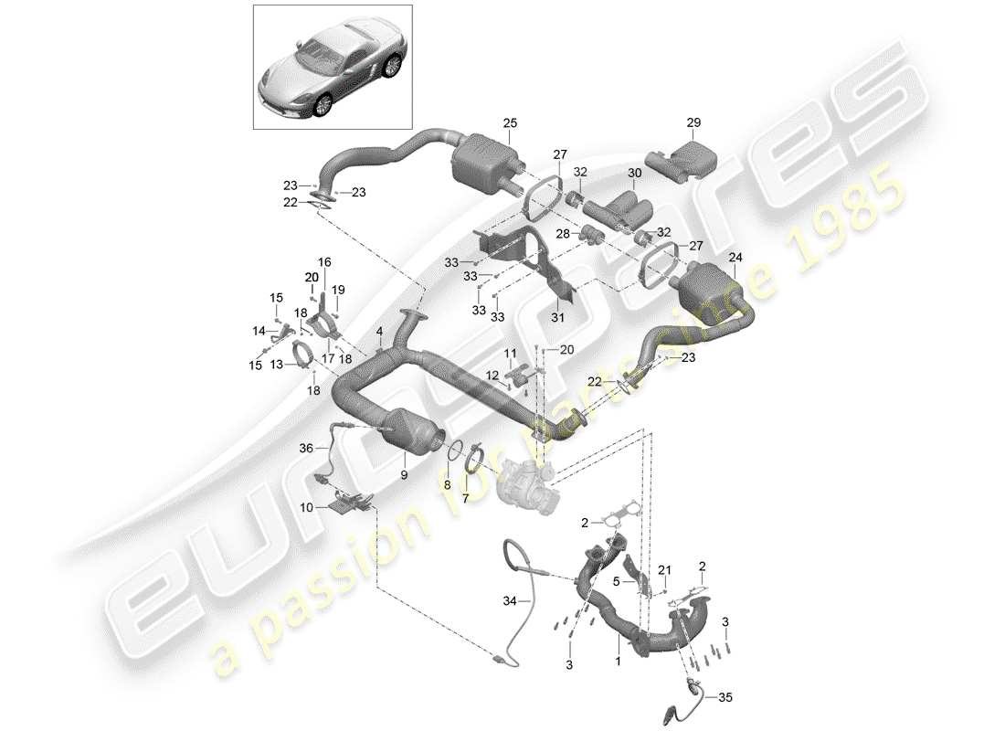porsche 2018 (718 boxster) exhaust system silencer catalytic converter parts diagram