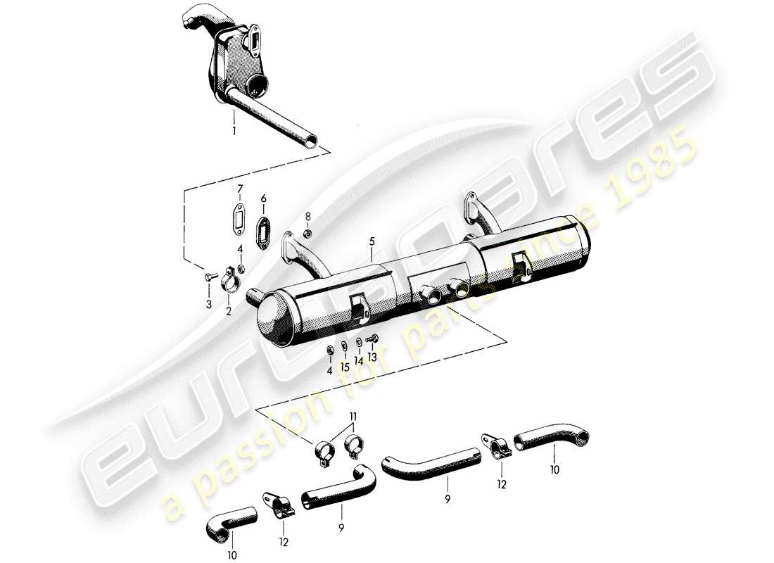porsche 1963 (356b/356c) exhaust system - heater - old version part diagram