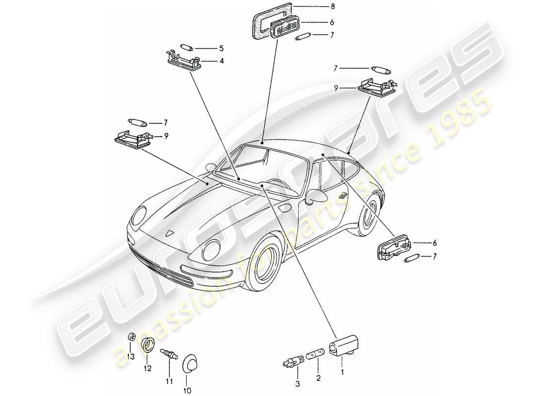 porsche 1998 (993) interior lights - luggage compartment lamp - engine compartment light part diagram