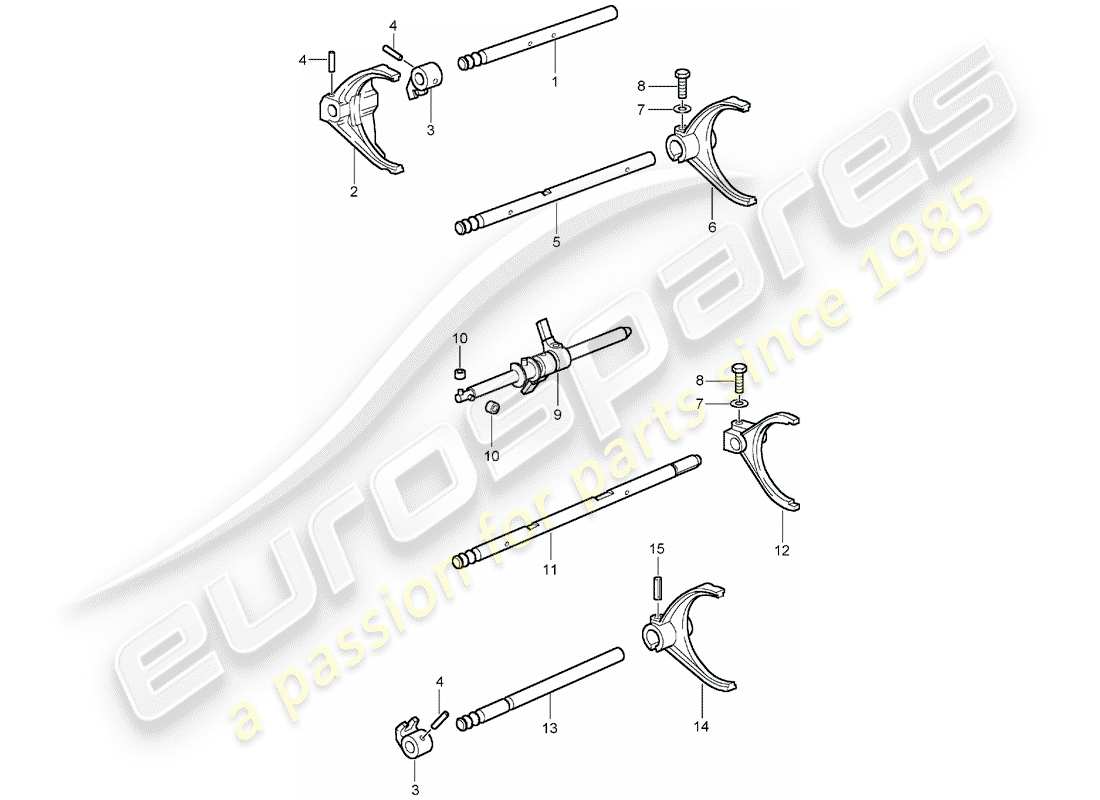 porsche 2001 (996 gt3) selector shaft - selector fork - shift rod part diagram