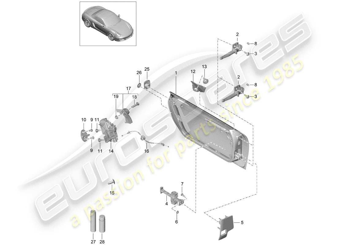 porsche 2015 (981 boxster) door shell with installation parts door lock parts diagram
