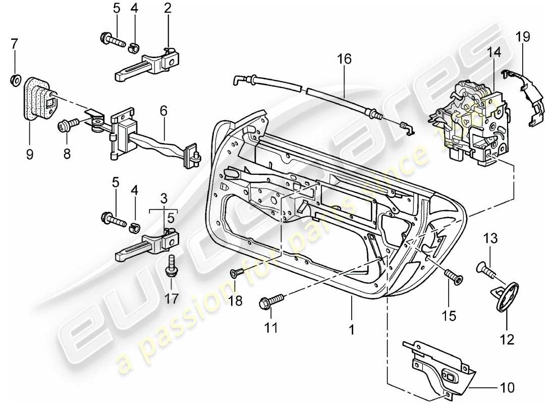 porsche 2002 (996 gt3) door shell - door latch part diagram