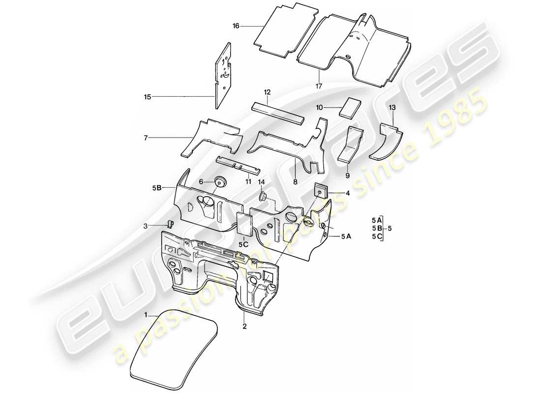porsche 1986 (928) body shell - sound proofing 1 part diagram