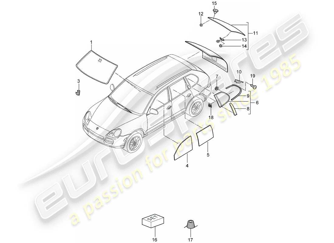 porsche 2006 (cayenne e1 9pa) windscreen door and side window rear window part diagram