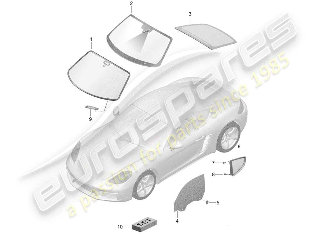 porsche 2020 (718 cayman) windscreen side window rear window part diagram