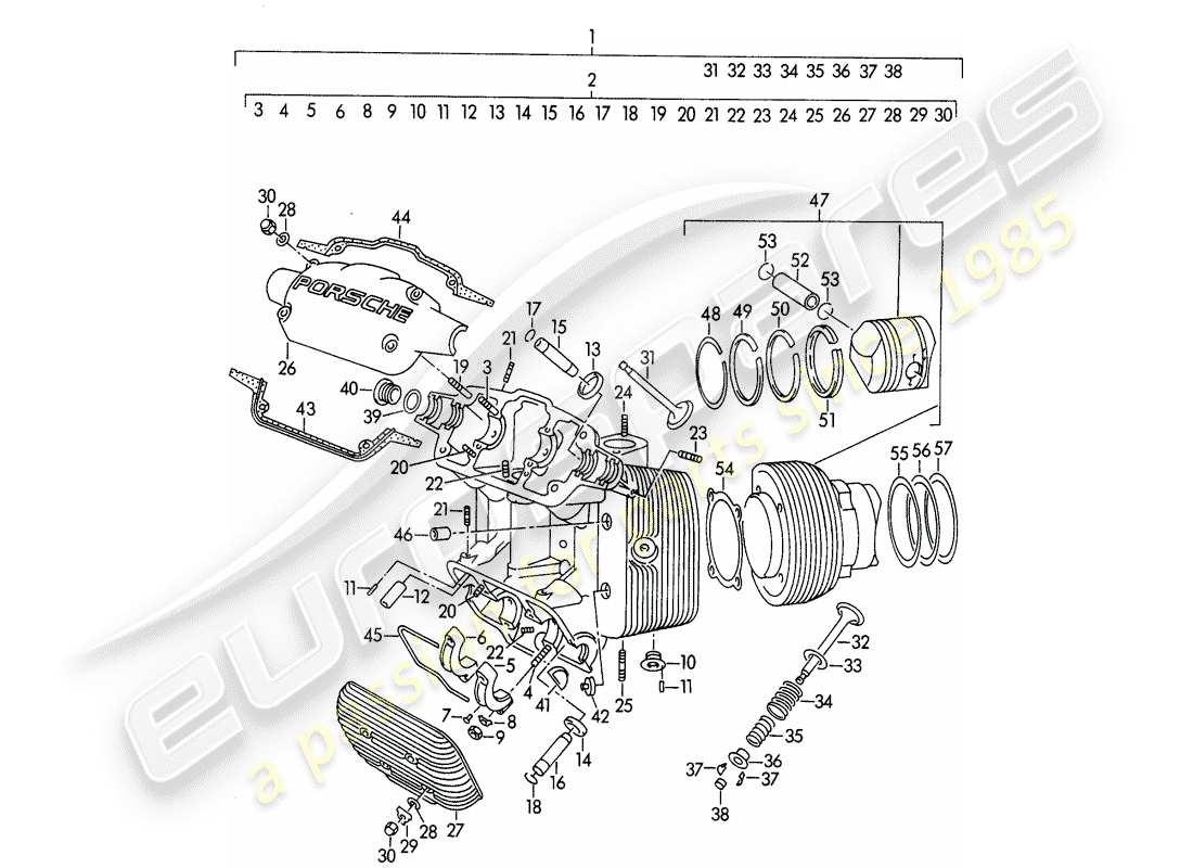 porsche 1954 (356/356a) cylinder head - cylinder with pistons - m 90 501 >> 91 000 part diagram