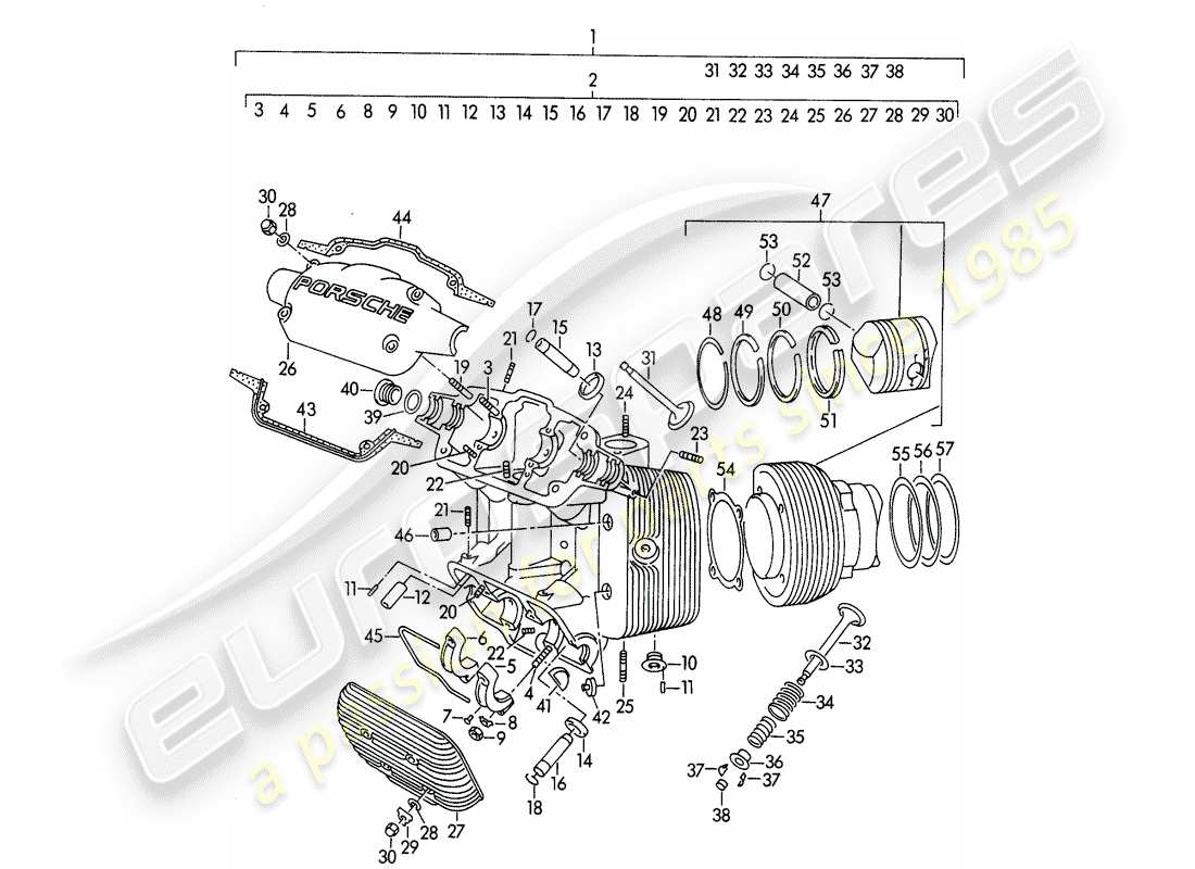 porsche 356/356a (1955) cylinder head - cylinder with pistons - m 90 501 >> 91 000 part diagram