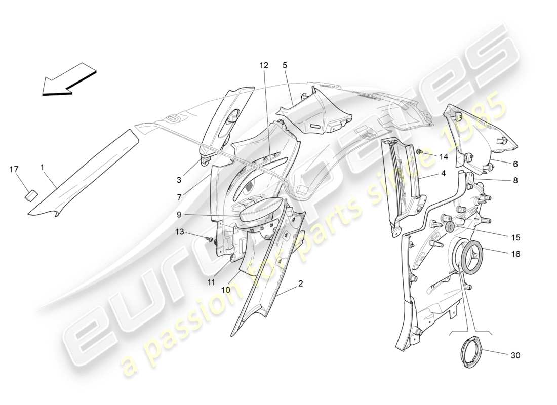 maserati granturismo s (2020) passenger compartment b pillar trim panels and side panels part diagram