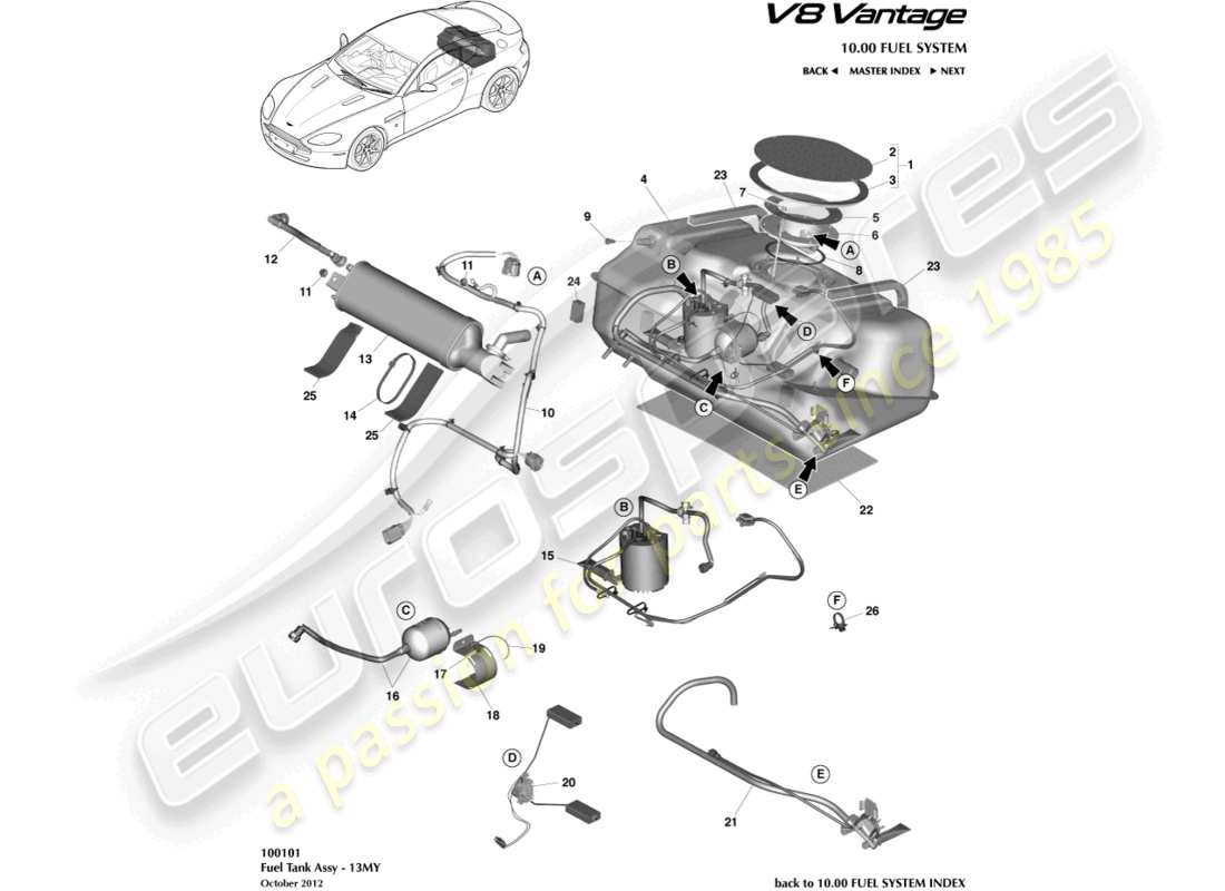 aston martin v8 vantage (2012) fuel tank assy, 13my on part diagram
