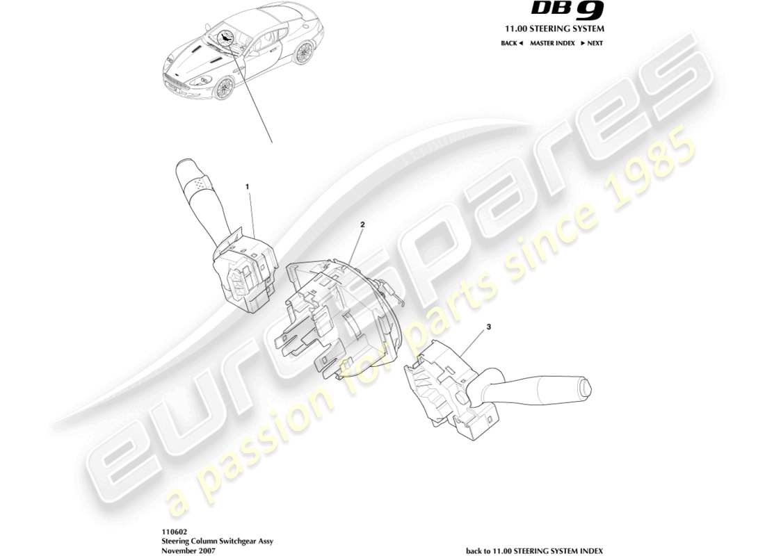 aston martin db9 (2009) steering column switch parts diagram
