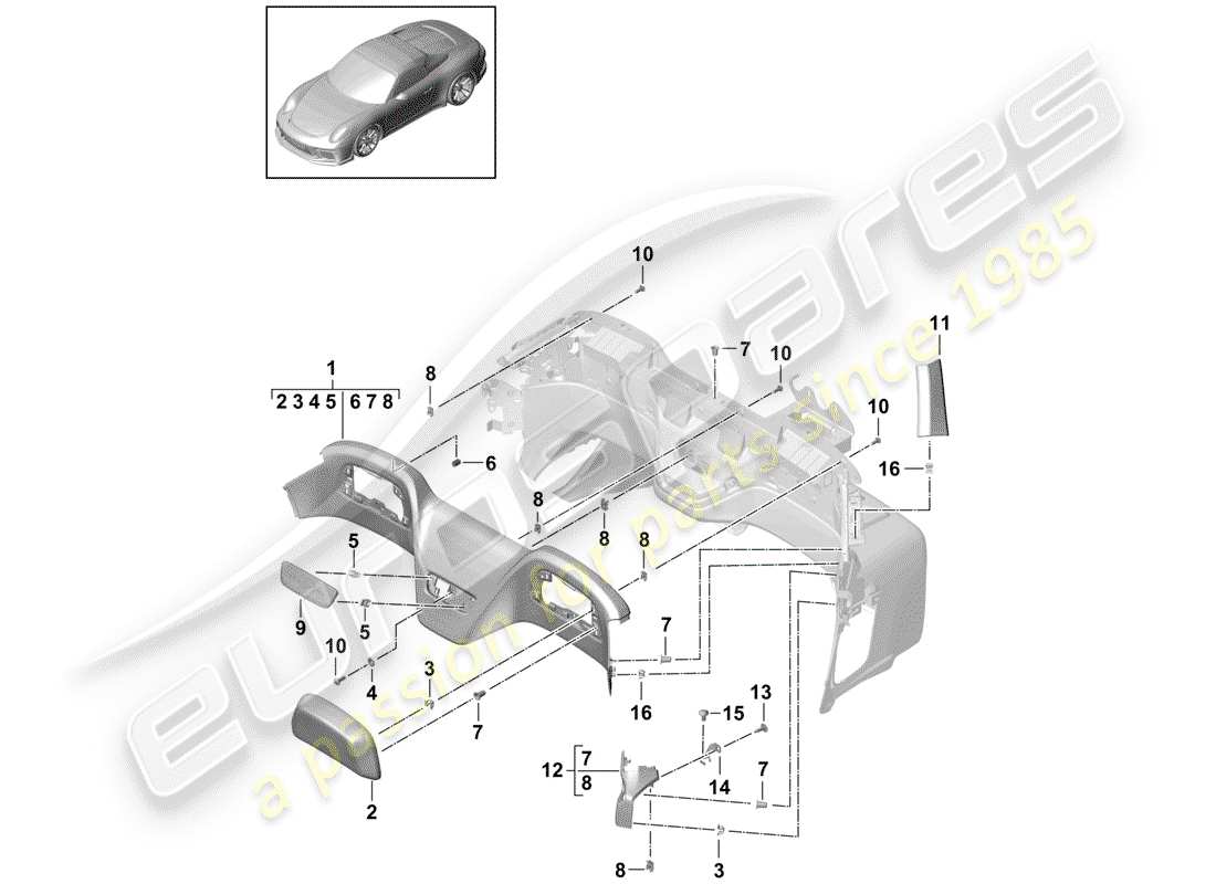 porsche 2015 (991-1 r/gt3/rs) cross member trim accessories trim part diagram