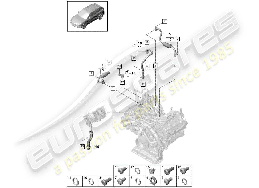 porsche 2019 (cayenne e3 9ya/9yb) coolant cooling system for exhaust gas turbocharger parts diagram