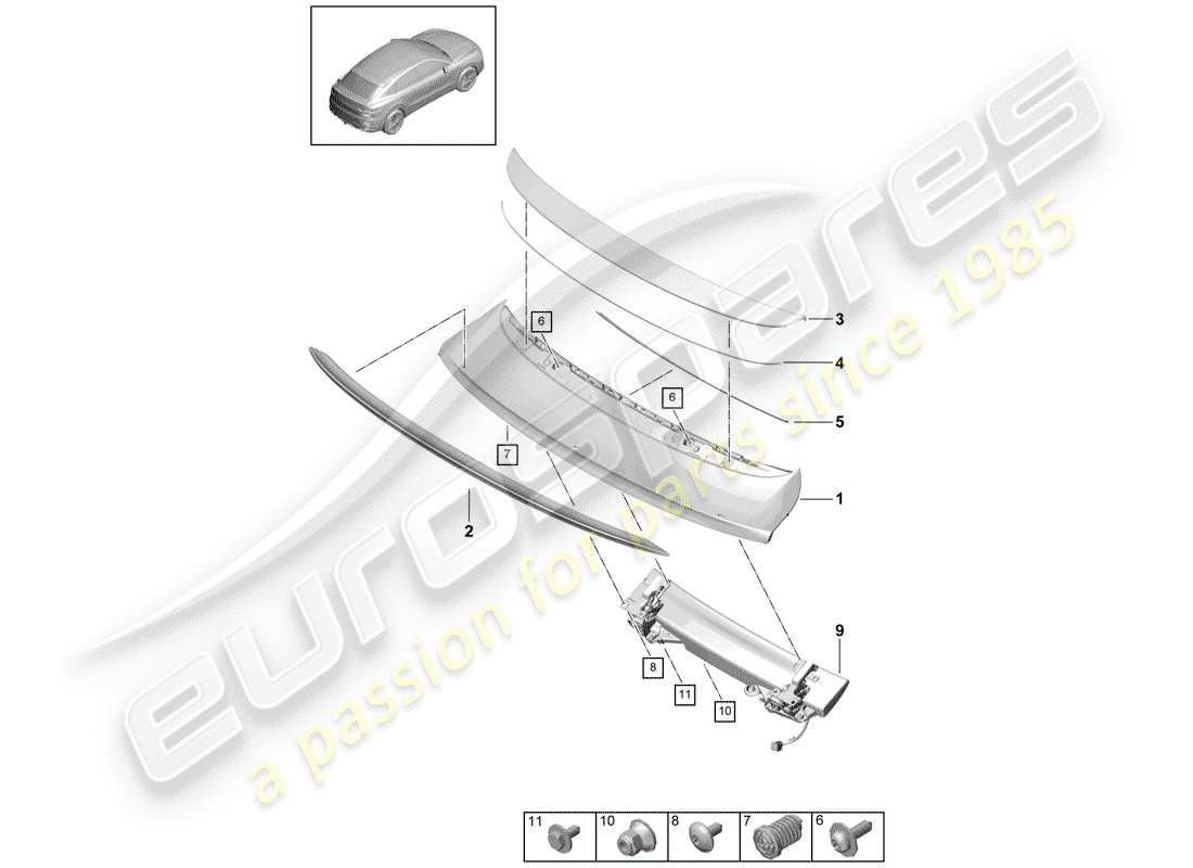 porsche 2018 (cayenne e3 9ya/9yb) rear spoiler turbo turbo coupe parts diagram