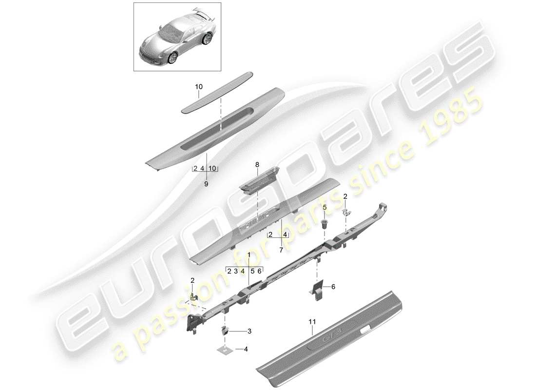 porsche 2015 (991-1 r/gt3/rs) trim sill part diagram