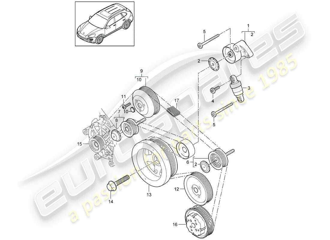 porsche 2016 (cayenne e2 92a) belt tensioner damper tensioning roller with securing parts idler pulley part diagram