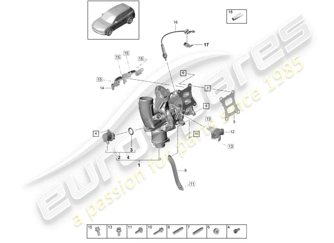 porsche 2018 (cayenne e3 9ya/9yb) exhaust gas turbocharger lambda probe parts diagram