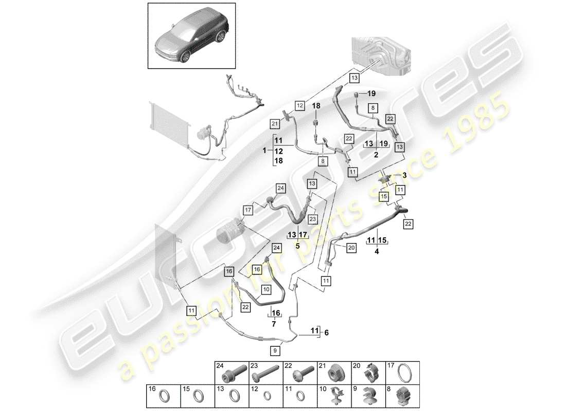 porsche 2018 (cayenne e3 9ya/9yb) air conditioning refrigerant line v8 r1234yf parts diagram