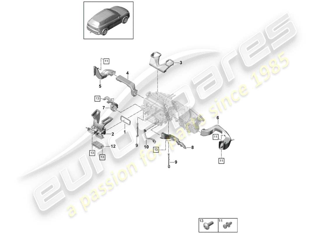 porsche 2018 (cayenne e3 9ya/9yb) air guide air conditioning dashboard parts diagram