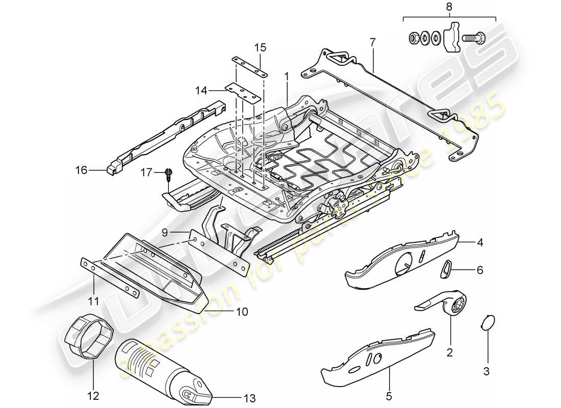 porsche 2010 (997-2 gt3) seat frame parts diagram