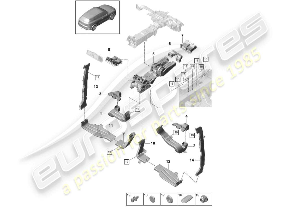 porsche 2019 (cayenne e3 9ya/9yb) air guide air conditioning 4-zonen passenger compartment 4-zone climatronic, boost parts diagram