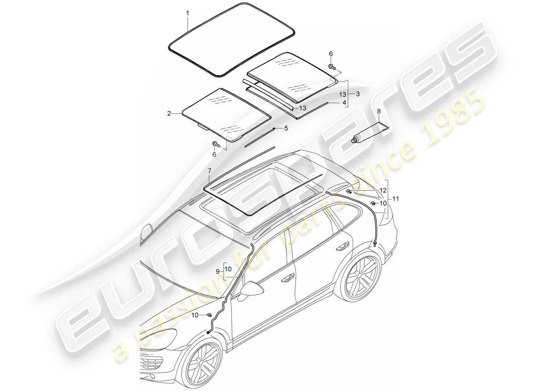 porsche 2013 (cayenne e2 92a) glass roof accessories cover water drainage hose part diagram