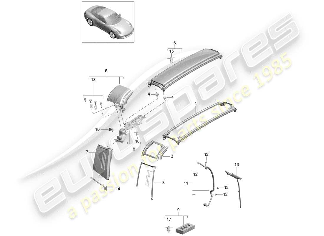 porsche 2014 (991-1) trim targa arm and flap parts diagram