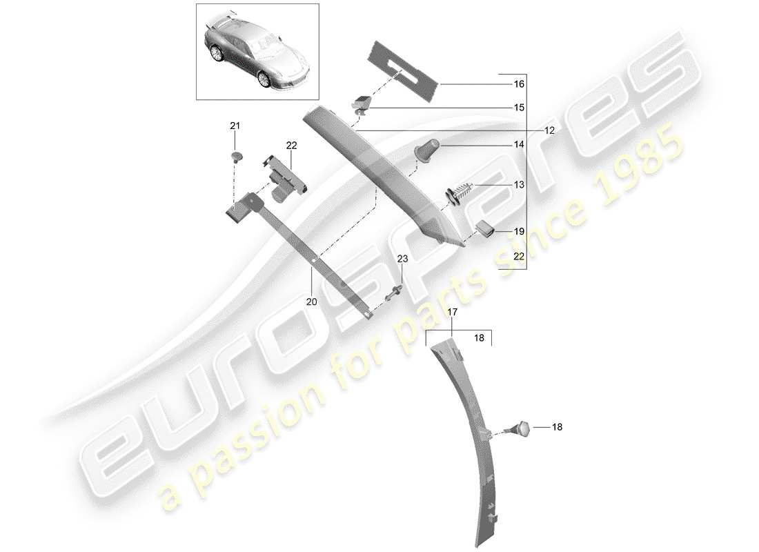 porsche 2014 (991-1 r/gt3/rs) a-pillar trims part diagram