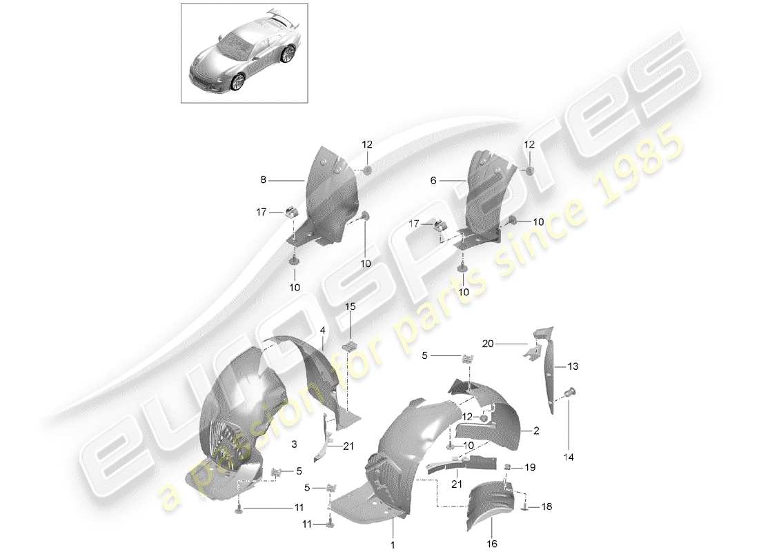 porsche 2014 (991-1 r/gt3/rs) wheel housing liner trims part diagram