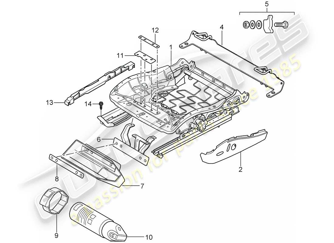 porsche 2010 (997-2 gt3) seat frame parts diagram