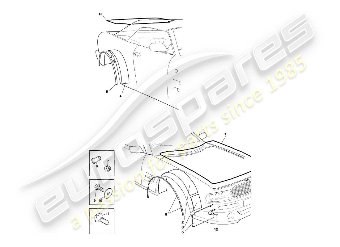 aston martin v8 volante (2000) weather seals part diagram