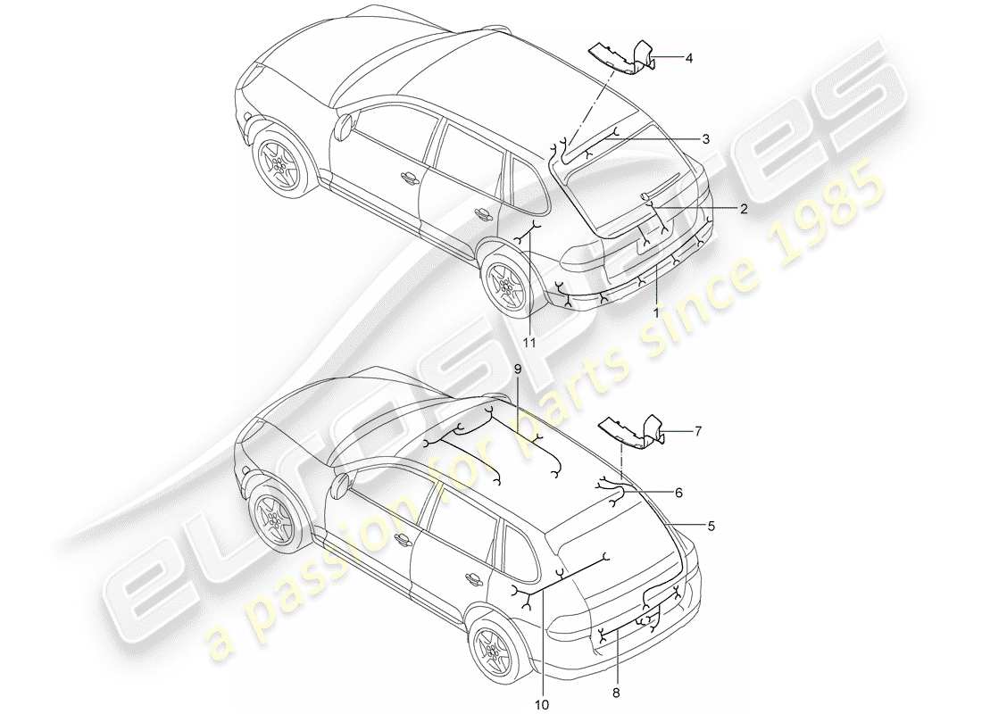 porsche 2006 (cayenne e1 9pa) wiring looms rear end roof trim fuel tank anti-locking brake syst. -abs- brake pad wear display rear axle part diagram