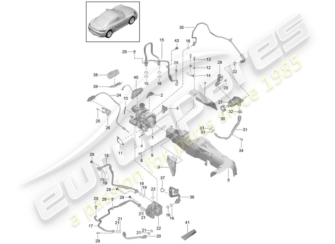 porsche 2018 (718 cayman) exhaust gas turbocharger with: heat insulation oil pipe coolant pipe part diagram