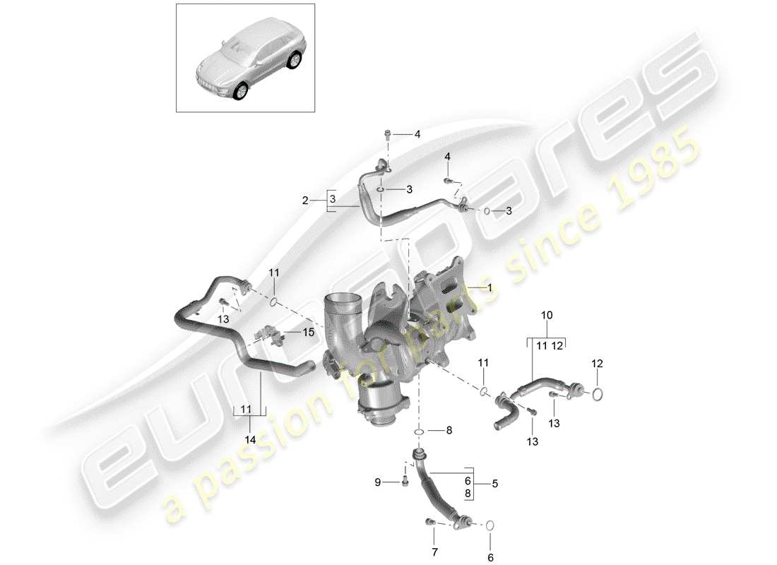 porsche 2017 (macan) oil pressure line coolant pipe for exhaust gas turbocharger part diagram