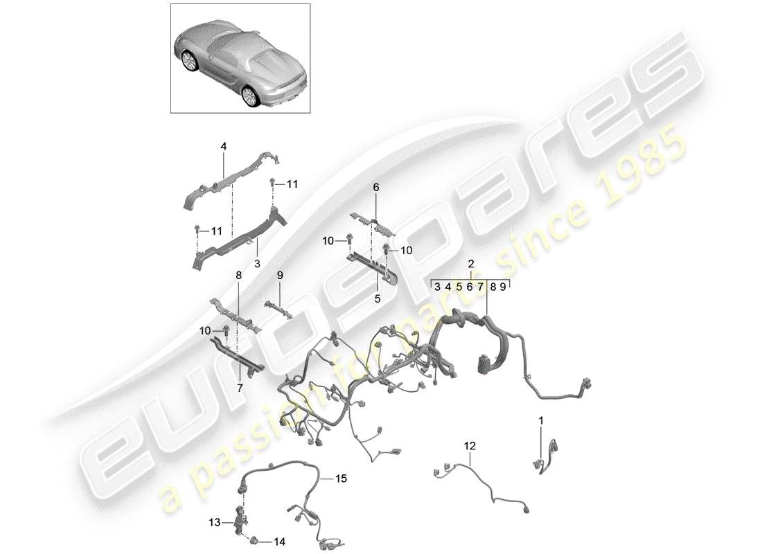 porsche 2016 (981 boxster spyder) wiring looms rear trim engine gearbox rear axle rear lid parts diagram