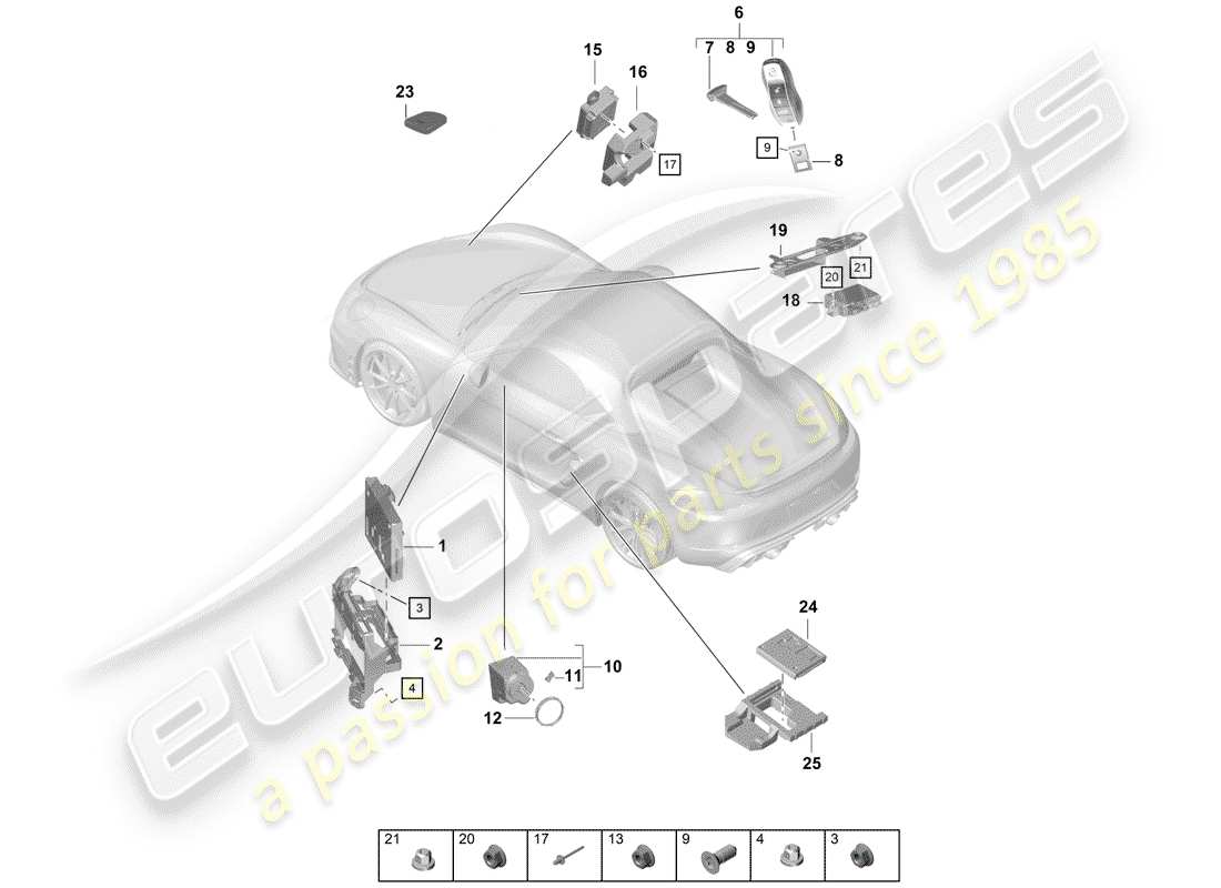 porsche 2020 (718 boxster spyder) control units front end rear end handheld transmitter ignition/starter switch aerial parts diagram