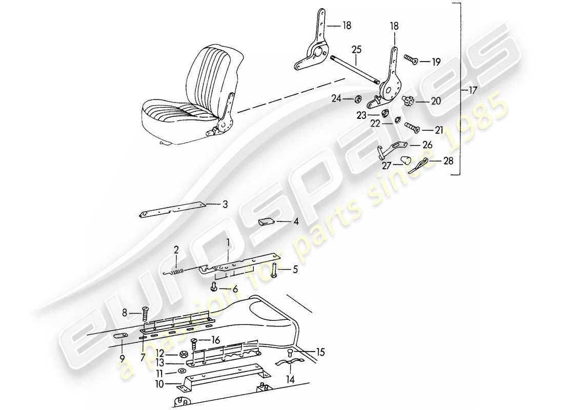 porsche 1962 (356b/356c) seat rail - seat rail support - and - reclining seat mechanism part diagram