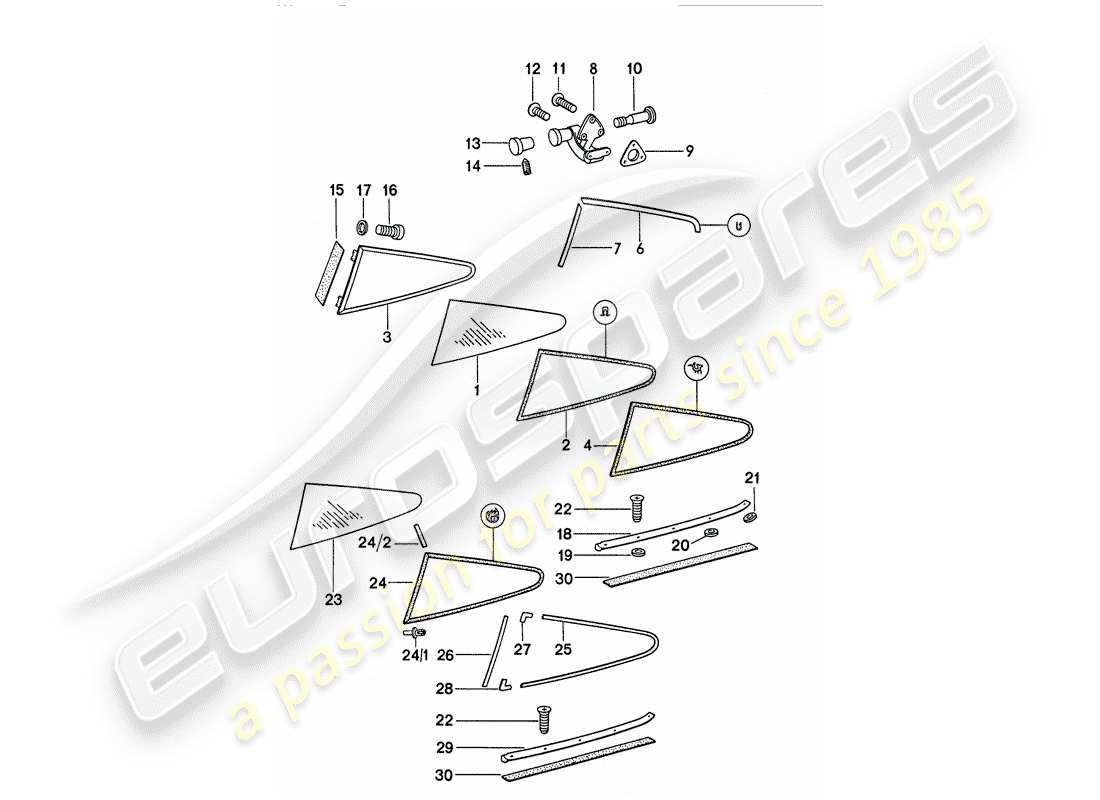 porsche 1977 (911) window glazing part diagram