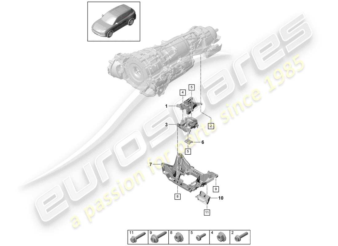 porsche 2020 (cayenne e3 9ya/9yb) gearbox mounting transmission carrier part diagram