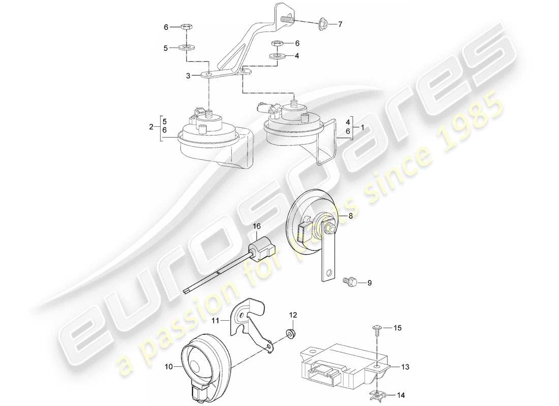 porsche 2012 (987 cayman) fanfare signal horn alarm system part diagram