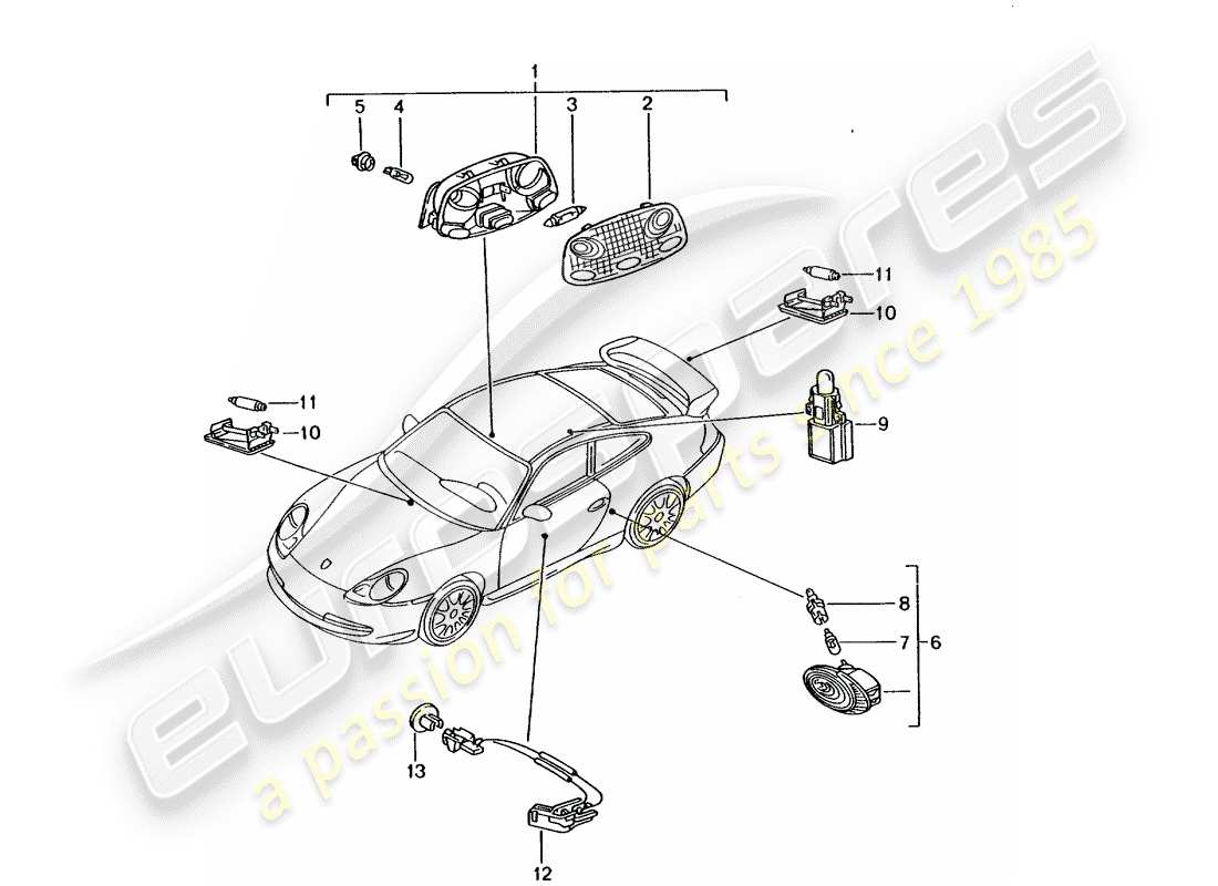 porsche 2002 (996 gt3) interior light - luggage compartment lamp - engine compartment light - glove box light - door handle ilumination - interior release part diagram