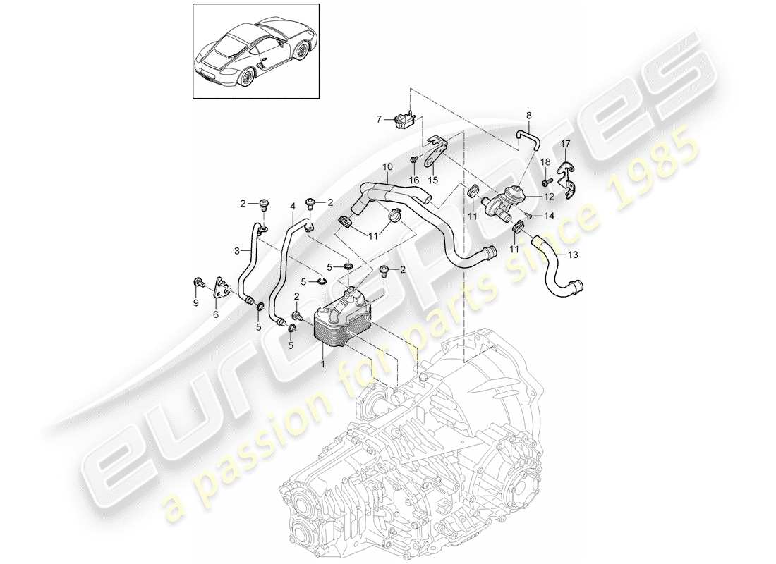 porsche 2012 (987 cayman) - pdk - gearbox heat exchanger oil pipe water pipe part diagram