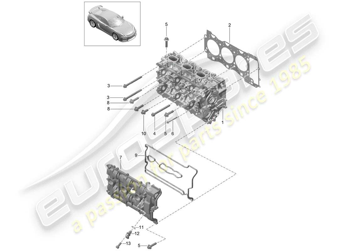 porsche 2016 (981 cayman gt4) cylinder head with: inlet/outlet valve cylinder head gasket valve cover part diagram