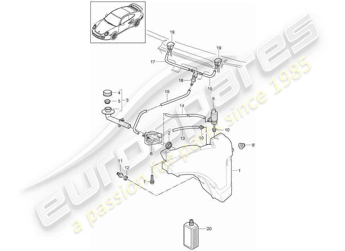 porsche 911 t/gt2rs (2011) windshield washer unit parts diagram