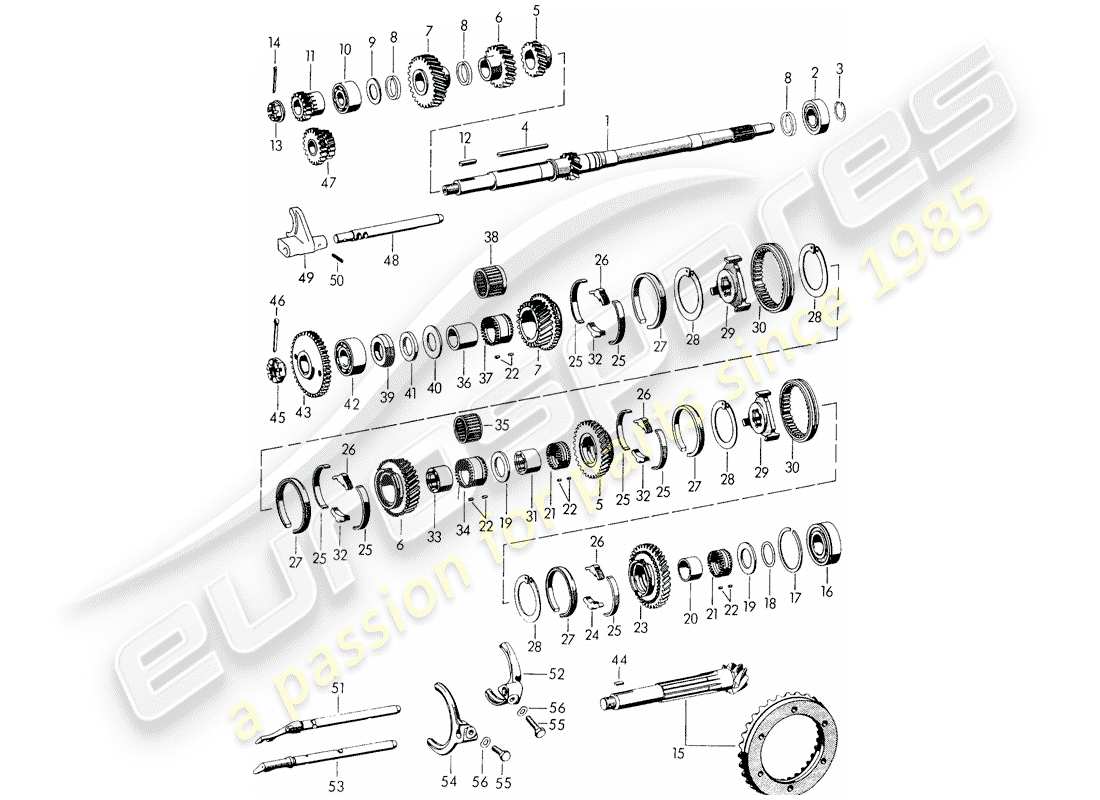 porsche 1953 (356/356a) gears and shafts - for - transmission part diagram