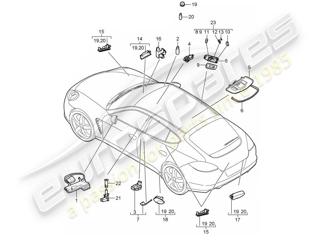 porsche 2010 (panamera 970) interior light luggage compartment lamp door warning light footwell light light exterior mirror part diagram