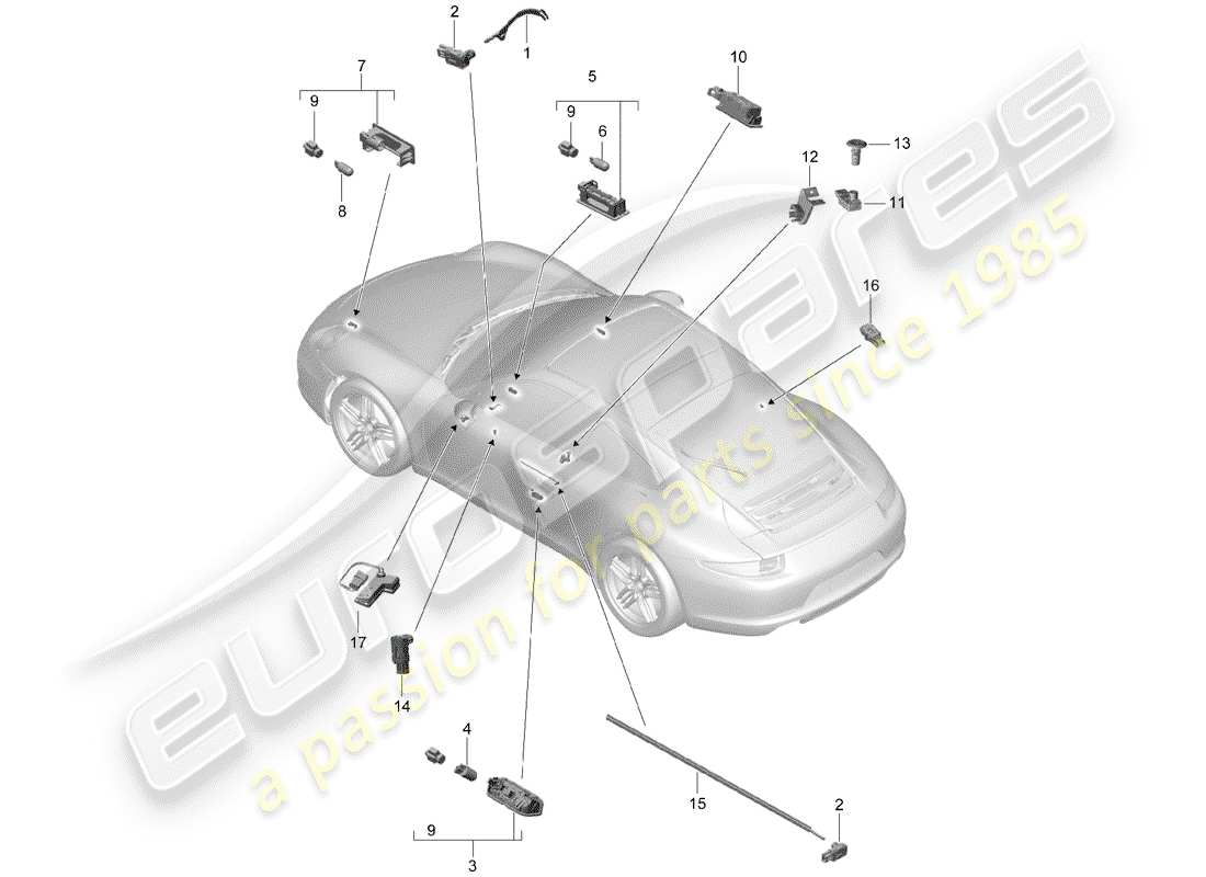 porsche 2016 (991-1) interior lighting door warning light footwell light luggage compartment lamp glove box light light exterior mirror parts diagram