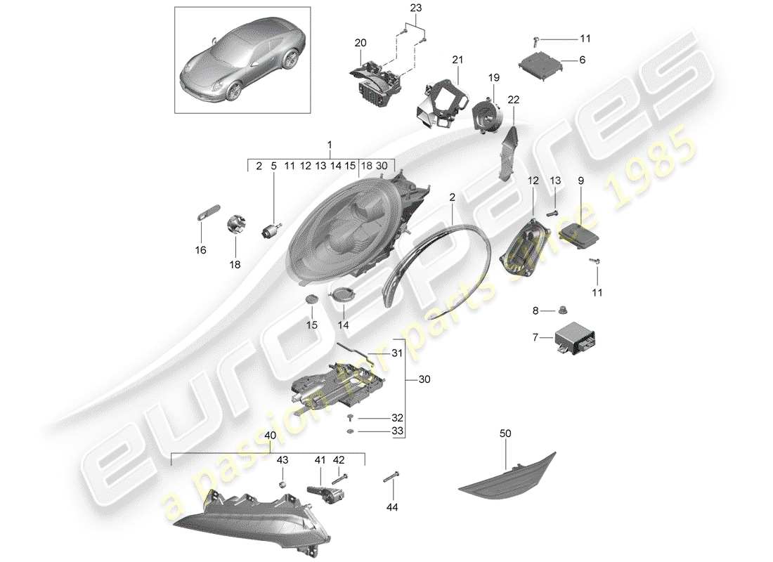 porsche 2016 (991-1) headlights additional headlight turn signal indicator side marker light turn signal repeater parts diagram