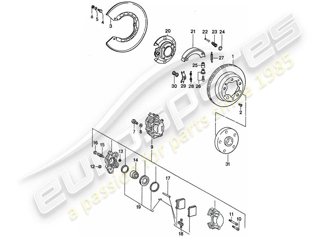 porsche 911 (1975) disc brakes - handbrake part diagram