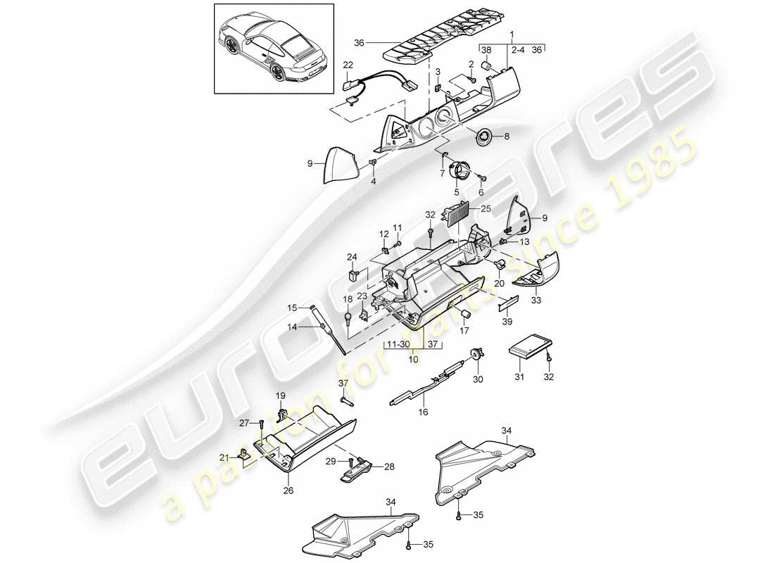 porsche 2013 (997-2 turbo / gt2 rs) glove box parts diagram